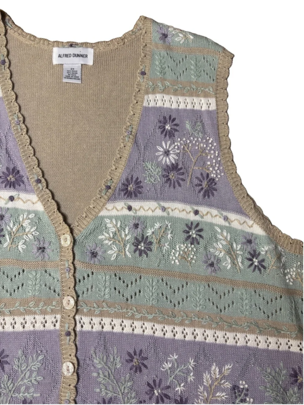 Alfred Dunner 2X Ramie Rayon Floral Embroidered Button Knit Vest Cottagecore